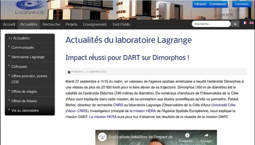 Couverture de Impact réussi pour DART sur Dimorphos !