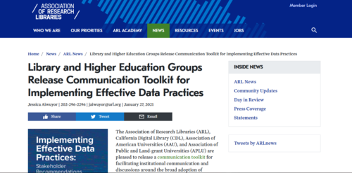 Couverture de Library and Higher Education Groups Release Communication Toolkit for Implementing Effective Data Practices - Association of Research Libraries