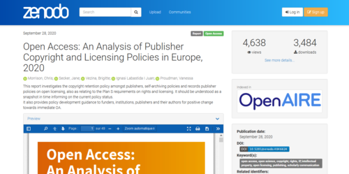 Couverture de Open Access: An Analysis of Publisher Copyright and Licensing Policies in Europe, 2020