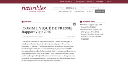 Couverture de Rapport Vigie 2020 - Futuribles - Veille, prospective, stratégie