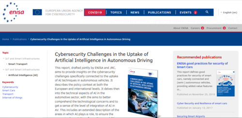 Couverture de Cybersecurity Challenges in the Uptake of Artificial Intelligence in Autonomous Driving — ENISA